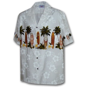 Pacific Legend Bílá havajská košile s motivem palem a surfování Velikost: XL - Supergrily.cz