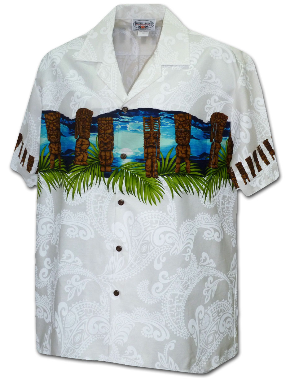 Pacific Legend Bílá havajská košile s motivem soch a moře Velikost: XXL - Supergrily.cz